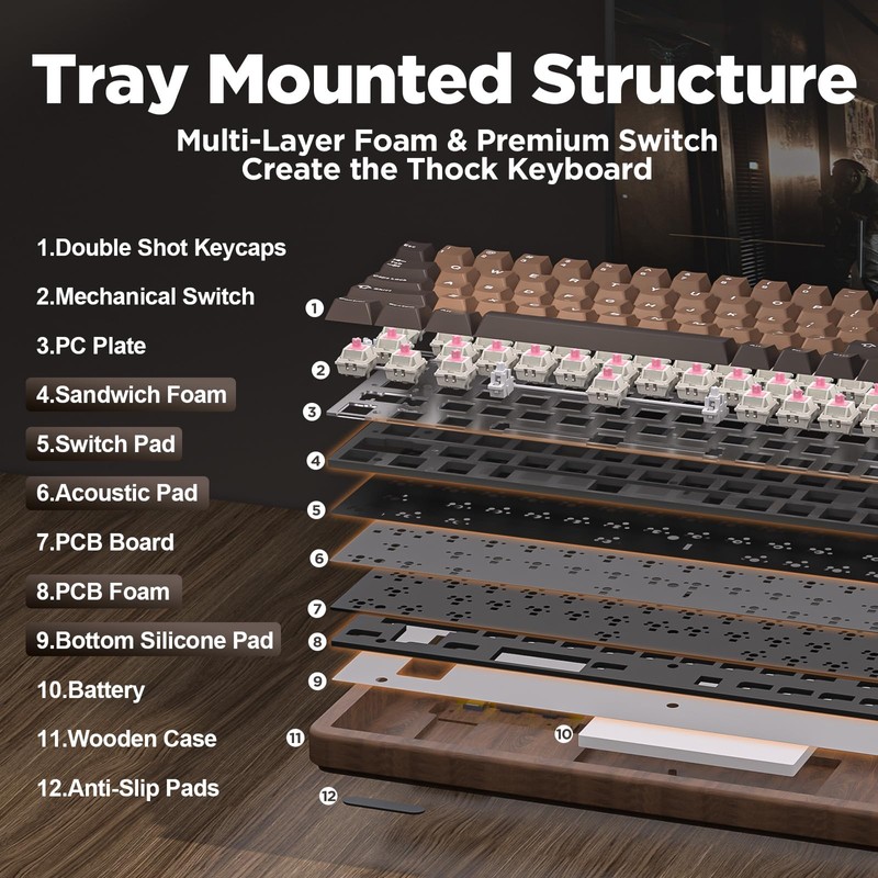 YUNZII WOOD68 65% Wireless Hot Swap RGB Mechanical Keyboard (Wood,