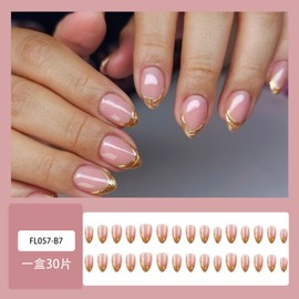 Press on Nails Short Almond Fake Nails Gold French Tip Stick on Nails Glossy Reusable Artificial Acrylic Full Cover False Nails for Women 30 Pcs (Gold-16, M-16)