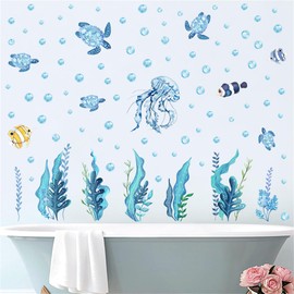 HOTIYOK Whale Wall Sticker, Sea Fish, Turtle, Deep Sea Fish, Wall Sticker, Jellyfish, Saltwater Fish, Seaweed, Coral, Wallpaper, Stylish, Sea Animals, Seaweed, Children's Room, Swimming Pool, Mother