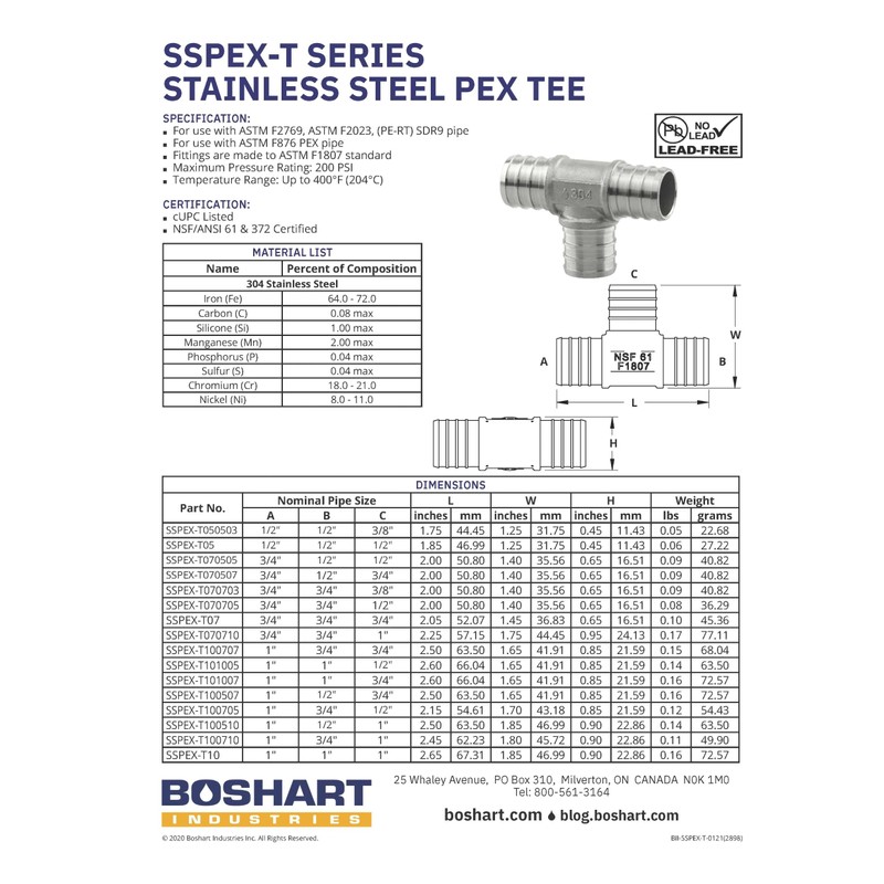 Stainless Steel Pex Tee 1"x1"x 3/4"