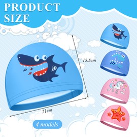 KASURE 4 Pcs Kids Swimming Caps, Fabric Swimming Cap with Elastic Bands, Swim Hat for Boys and Girls, Cartoon Kids Swimming Hat for Age 3-8 (Pink, Blue)