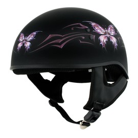 Hot Leathers HLD1052 DOT Skull Cap Half Helmet - Flat Black with Purple Butterfly Design for Men and Women Bikers - X-Large