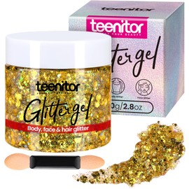 Teenitor Body Glitter, Gold Face Glitter Gel Hair Glitter for Kids, 80g/2.8oz Gold Glitter for Face, Makeup, Hair, Eye, Face Glitter for Women