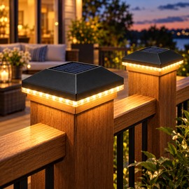 2-Pack Solar Post Cap Lights for 3.5 & 4-Inch Square Posts – 24-LED Warm 4-Side Glow Lights for Decks, Fences & Patios