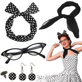 Rockabilly Accessories Women's 5-Piece 60s 50s Rockabilly Dresses Women's Accessories Black Polka Dot Headband Earrings Chiffon Scarf Bandana Cat Eye Glasses for 1950s Costume Theme Party