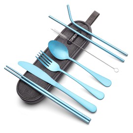 Juego de cubiertos de acero inoxidable portátil, juego de cubiertos de viaje, utensilios portátiles de viaje, vajilla de viaje con una funda impermeable (azul claro)