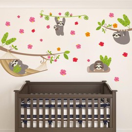 DEIKOKA Removable Tropical Sloth Wall Decals Sloths Playing in Trees Wall Sticker Sloth Wall Decor Stickers for Kids Bedroom Playroom Nursery