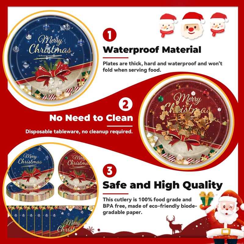 Party Tableware Decorations Set For 16 Guest,Christmas Paper Plates Napkins