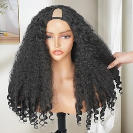 Afro Curly V Part Wig Synthetic Kinky Straight with Bouncy Curly Ends Fluffy Bouncy Hair for Black Women Yaki Curly V Part Wigs No Leave Out Clip in Half Wig 22 Inch