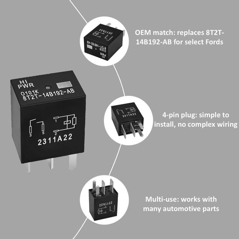 4-Pack Automotive Relay 8T2T-14B192-AB 12VDC 4-Pin Plug-in Replacement Compatible with