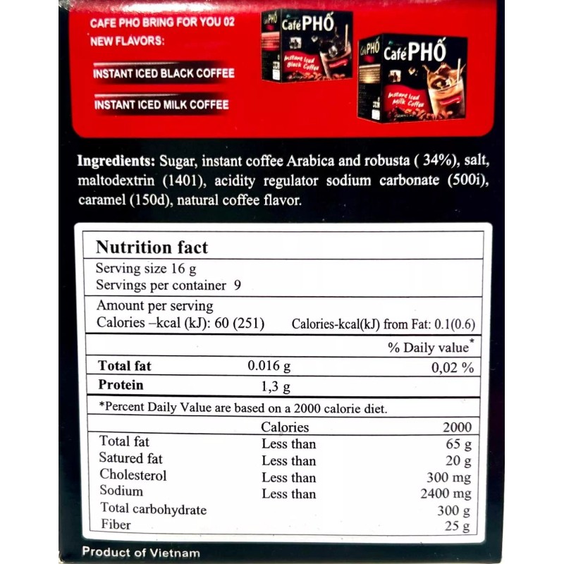 Cafe Pho Instant Iced Black Coffee 9 Sachets x 16g~8/26/2025