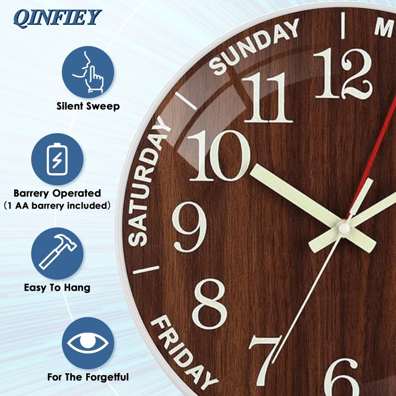 QINFIEY 12 Inch Day of Week Wall Clock, Non Ticking