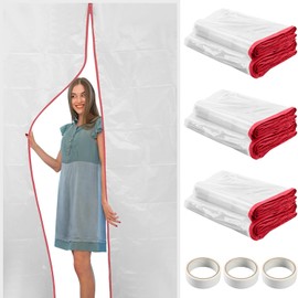 CALPALMY (3-Pack) Plastic Zipper Door Dust Protector, 4 ft x 7 ft Heavy-Duty Plastic Sheeting with Red Zipper Door Dust Protection, Easy to Install and Remove, Includes 3 cm x 10 m Gaffer Tape