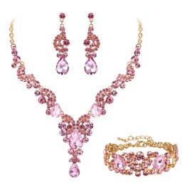 Ever Faith Wedding Bridal Jewellery Set, Rhinestone Crystal Art Deco Floral Vine Teardrop Necklace Earrings Bracelet Set Pink Gold-Tone