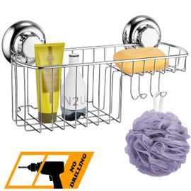 MaxHold No-Drilling/Suction Cup Multi-Functional Combo Basket - Vaccum System - Stainless Steel Never Rust - for Bathroom & Kitchen