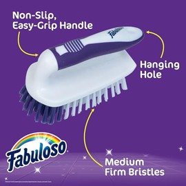 Fabuloso Cleaning Brush with Handle Compact Handheld Household Scrub Brush Kitchen Bathroom Baseboards Tile and Floors Firm Bristles Indoor Surface Cleaning White Purple 5.5 Inch Everyday Cleaning