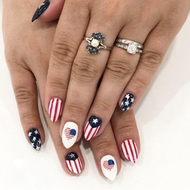 GRITOSE 4th July Fake Nail Independence Day Press on Nail Medium,Almond Fake Nails,Red Natural American Flag Glossy Designs,Acrylic Nails Holiday Glue on Nails for Women Girls Nail Decorations