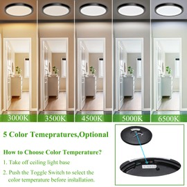 IBESTWIN 2 Pack LED Flush Mount Ceiling Light Fixture, 24W 12Inch 3000K, 3500K, 4500K, 5000K, 6500K 5 Color Temperatures Low Profile Ceiling Light for Bedroom, Living Room, Dining Room, Black