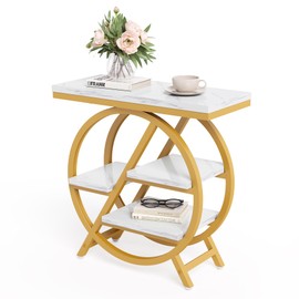 LITTLE TREE End Table, 4-Tier Narrow Faux Marble Side Table with Large Storage Space, Modern Nightatsnd and Bedside Table for Living Room, Home Office, Bedroom, White and Gold