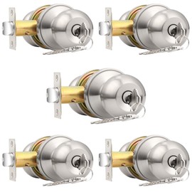 Probrico 5Pack Brushed Nickel One Keyway Ball Door Knobs Entry Lock with Keys,Keyed Alike Door Locksets, Interior Exterior Keyed Hardware