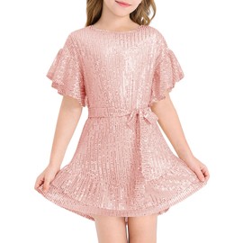 Batermoon Girls' Sequin Dress Crew Neck Bat Sleeve Ruffle Party Holiday Dress with Belt for 5-14 Years Pink