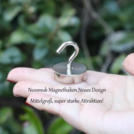 Neosmuk Magnetic Hook, 30 kg Magnetic Hook, Extra Strong for Locker Organiser, Neodymium Magnets, Hook Magnetic Very Strong for Workshop Equipment, Rear Tent, Grill, Clothes Hooks, Silver