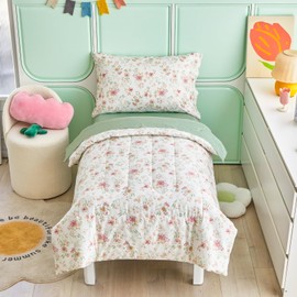 Joyreap 4 Piece Cotton Toddler Bedding Set for Girls, Pink Flowers on White Design, Soft Breathable Cotton Toddler Comforter Set, Includes Quilted Comforter, Fitted Sheet, Top Sheet, and Pillow Case