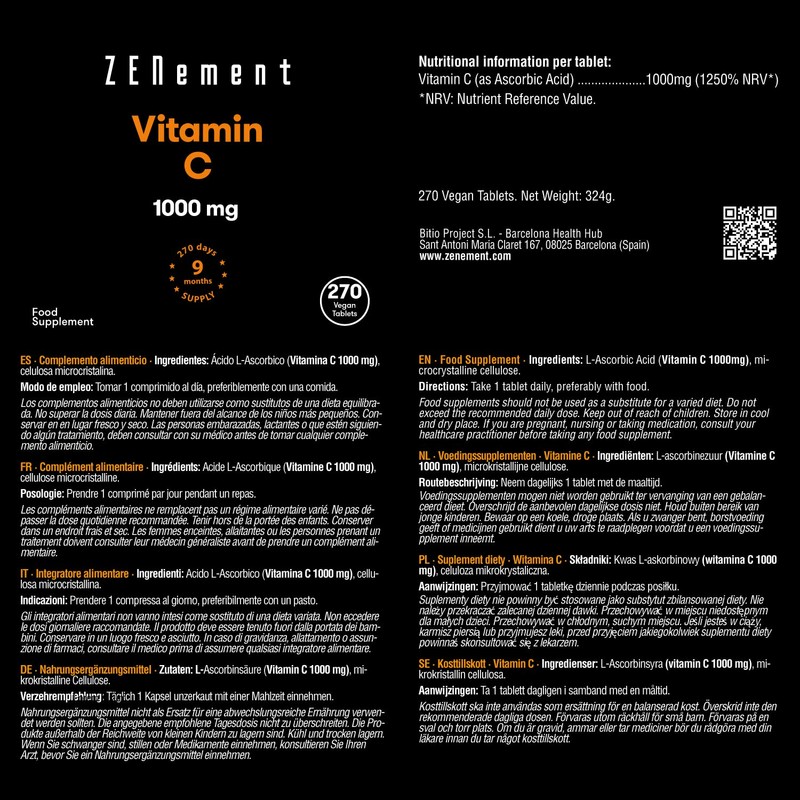 Vitamin C, 1000 mg, 270 tablets, contributes to reducing fatigue
