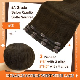 Full Shine Clip in Human Hair Extensions 18 Inch Breathable Lace Weft Clip in Extensions Color 2 Darkest Brown Human Hair Extensions Clip in 50 Grams 3 Pieces