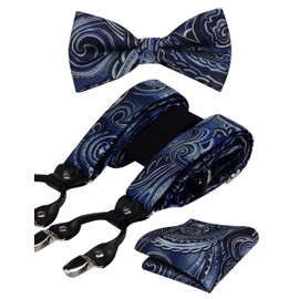 GUSLESON Paisley Suspenders for Men Silk Adjustable Pre-tied Bow Tie and Pocket Square Set(0101-14)