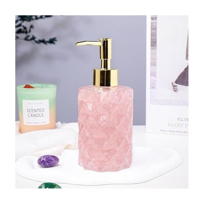 Decorative Crystal Soap Dispenser, Natural Stone Design, Gold Pump, Bathroom