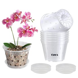 6PCS Clear Orchid Pots 5.5 Inch, Orchid Pots with Holes and Saucers,Orchid Pot for Repotting,Transparent Orchid pots with Holes and Saucers