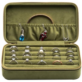 COWFEX Velvet Multiple Ring Box Jewelry Organizer Display Tray with Zipper Around Earring Holder Case for Wedding Birthday (Olive Green)