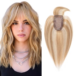 SEGO Hair Toppers for Women Real Human Hair with Thinning Hair, Toppers Hair Clip in Toppers with Bangs 150% Density Silk Base -6 Inch #12/613 Golden Brown Mix Bleach Blonde
