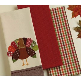 DII Thanksgiving Fall Kitchen Towels Collection Decorative Embellished Dish Towel Set, 18x28", Turkey, 3 Count