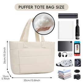 Bagtopia Quilted Tote Bags for Women, Lightweight Puffer Tote Bag with Laptop Compartment and Trolley Sleeve, Large Puffy Shoulder Bag Handbag for Travel, Work, Gym, Beige