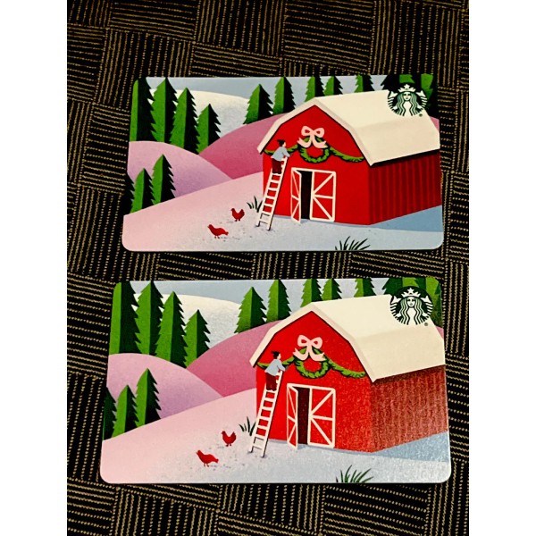 Starbucks 2023 STARBUCKS TWO CHRISTMAS GIFT CARDS SNOWY BARN &