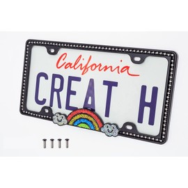 Creathome Shining Rainbow Pattern Diamond Chain License Plate Frame from Pure Zinc Alloy Metal Perfect Plate Holder,Matt Black with Classic Diamond Chain