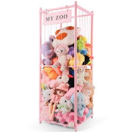GLDZI Stuffed Animal Storage Zoo, Wooden Stuffed Animal Organizer with Elastic Cords for Boys Girls, Space Saving Toy Plushies Storage Holder for Playroom, Bedroom, Living Room (Pink, Large)