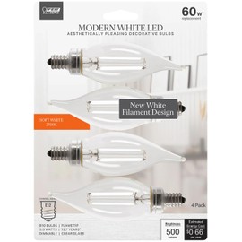 Feit Electric BPCFC60927CAWFIL/4 Soft White Flame Tip Exposed White Filament LED Bulb, Box of 4 Bulbs; 5.5W; 60W Equivalent; E12 Base; 2700K; 90 CRI; 500 Lumen; Glass Lens; 15000 Life Hours