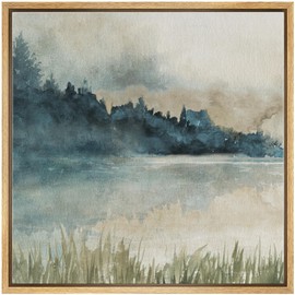 SIGNFORD Framed Canvas Print Wall Art Tranquil Lake Landscape Watercolor Illustrations Modern Art Relax/Calm Warm for Living Room, Bedroom, Office - 24"x24" Natural