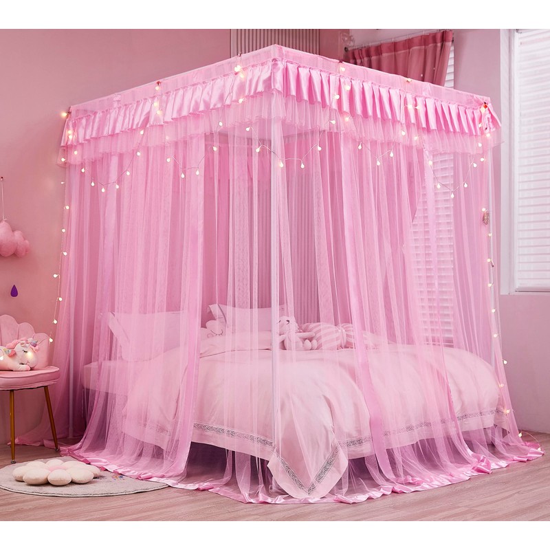 Rosa princesa 4 esquinas Post cama cortina dosel mosquitero, Rosado, Queen