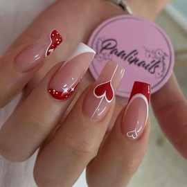 Valentine's Day Press on Nails Medium Length - French Tip Press on Nails Red Heart Deigns Glossy Pink Fake Nails with Square Valentine's Acrylic Nails Full Cover False Nails for Women and Girls 24 Pcs