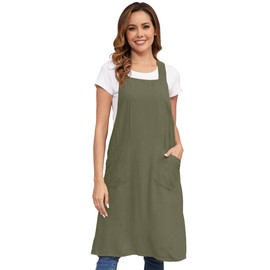 Nanxson Women Linen Apron Kitchen Apron Cross Back Vintage Cooking Apron with 2 Pockets for Baking Gardening Cooking, Green