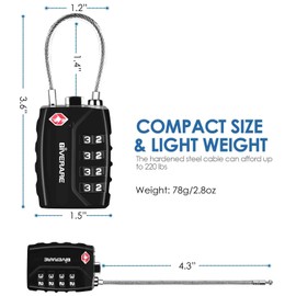 2 Pack TSA Approved Travel Luggage Locks, 4-Digit Metal Cable Combination Suitcase Lock, Alloy Padlocks, Weatherproof Padlock for Locker, Golf Bag, Gun Case, Backpack, Anti Theft-Black&Silver