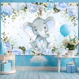 Avezano Boy Elephant Backdrop for Baby Shower Decorations Gender Neutral Blue Flower Elephant Photography Background Elephant Theme Baby Shower Birthday Party Photoshoot Backdrops Supplies