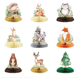 Kotkiddy 9 Stück Woodland Animals Honeycomb Centerpieces 3D Tischdekor Woodland Baby Shower Dekorationen für Mädchen Junge Grün Waldthema Baby Shower Erster Geburtstag
