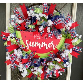 Hello Summer Watermelon Floral Patriotic Memorial Day Through Labor Day 4th of July Deco Mesh Front Door Wreath Home Holiday Decor Fun Festive Summer Birthday Party Decor Indoor Outdoor