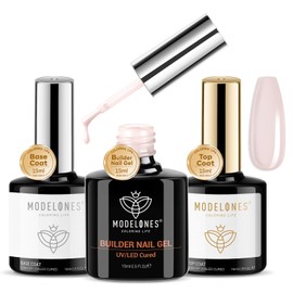 Modelones 8 in 1 Builder Gel for Gel Nails - Nude Pink Base and Top Coat Set, UV Gel Nail Strengthener Extension, Nail Repair - 3 x 15 ml