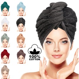 LUXURY Hair Towel Wrap 100% Cotton, Instant Drying Lightweight Turban Hair Cap Super Quick Absorbent Anti-Frizz Twist Toweling Dry Hat with Button Loop for Long Curly Hair